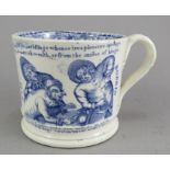 An early nineteenth century blue and white transfer-printed satirical mug, c.1830. It is decorated