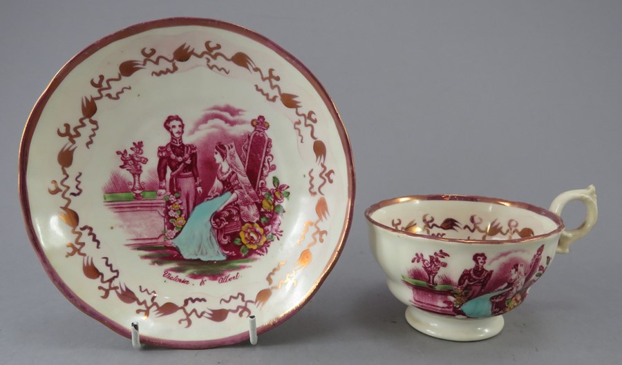 A mid-nineteenth century transfer-printed cup and saucer, c.1840. It is decorated with a titled