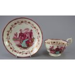 A mid-nineteenth century transfer-printed cup and saucer, c.1840. It is decorated with a titled