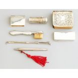 A collection of items of hallmarked small silver, to include a miniature toothbrush, a vesta case