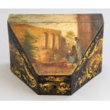 A mid Victorian black papier mache stationery casket, circa 1860, the hinged cover with a scene of