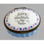 A Bilston oval enamel patch box, circa 1780, the cover with motto Love Constitutes the Value,