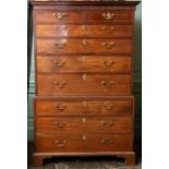 A George III mahogany chest on chest, circa 1790, moulded cornice above fretwork on two short on