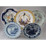 A group of eighteenth century hand-painted tinglazed earthenware delft plates, c.1750-80. To