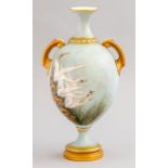 A Royal Worcester twin handled baluster vase, date cypher for 1903, painted with swans in flight and