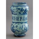 An 18th Century blue and white Delft albarello, labelled Theriaca, blue coronet mark, height 22cm