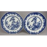Two eighteenth century Chinese hand-painted blue and white porcelain plates, c.1770. They are both