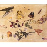 British School, 20th Century, still life of insects, berries and thistles, oil on canvas, 90 by