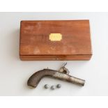 A 19th Century percussion cap pistol by Sanders, diced walnut stock, length 15cm, in a mahogany box