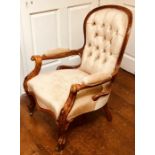 A Victorian walnut spoon back armchair, circa 1860, button fabric upholstery Condition: