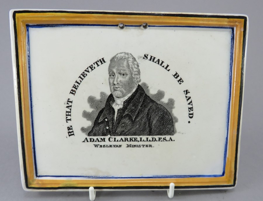 An early nineteenth century black and white transfer-printed commemorative Wesleyan plaque, c.1820-