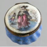 A Bilston circular enamel patch box, circa 1790, the cover with a figure representing Winter,