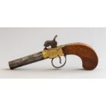 A 19th Century percussion action pocket pistol, brass lockplate, octagonal steel barrel, length 18cm