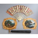 A cased 19th Century French fan, gilt ivory sticks, the parchment fan painted with panels