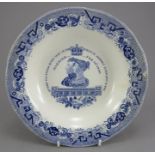 An early nineteenth century commemorative blue and white transfer-printed soup dish, c.1840. It is