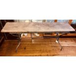 A vintage shabby chic long side table, weathered mahogany top, wrought iron base, Height 70cm ,