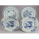 Four eighteenth century Chinese hand-painted blue and white porcelain plates, c.1770. They are all