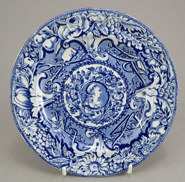 An early nineteenth century commemorative blue and white transfer-printed Davenport plate c.1815. It