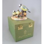 A Royal Crown Derby, Fine Bone China bird figure: Blue Tit & Chicks. Including original hard-case.