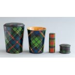 Four items of late Victorian tartanware, comprising Leslie beaker, a tapered covered vessel, a