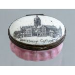 A Bilston enamel oval patch box, circa 1780, the cover with a view of Salisbury Cathedral, width 4cm