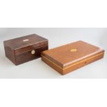 A late Victorian mahogany flatware box, silk and velvet lined, width 35cm and a Victorian rosewood