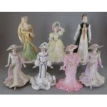 A group of seven Coalport Bone China figures. To include: a House of Tudor, Elizabeth I, Romance