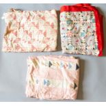 A collection of textiles/quilts to include a pastel coloured patches in panels of assorted patches