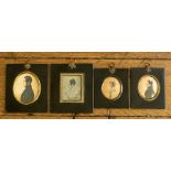 Four 19th Century profile portrait miniatures, on paper, two gentlemen and two ladies, black lacquer