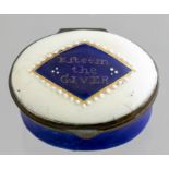 A Bilston oval enamel patch box, circa 1790, the cover with motto Esteem the Giver in a lozenge