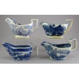 A group of early nineteenth century blue and white transfer-printed sauce boats, c.1800-20. To