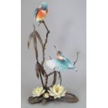 An Albany Fine China Co. ceramic bird study incorporating metal. Modelled two kingfishers. Factory