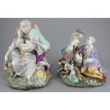 Two nineteenth century Meissen-style porcelain figures of a seated hunstman talking with a maiden