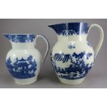 Two late eighteenth century blue and white transfer-printed large jugs, c.1795-1800. To include: a