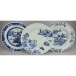 Three eighteenth century Chinese hand-painted blue and white porcelain plates, c.1770. They are