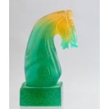 A Daum green pate de verre glass desk model of a horse head, signed, height 12cm Provenance: the Roy