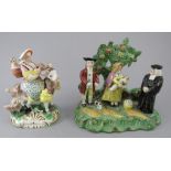 Two nineteenth century William Kent Staffordshire figure groups, c.1880-1900. To include a lady