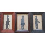 Three 19th Century full length profile silhouette profile portraits, each of a gentleman, on card,