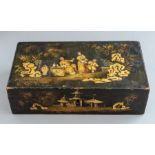 A mid 19th Century Chinese black lacquer table casket, decorated with chinoiserie figure scenes in