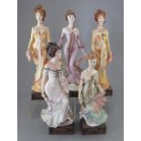 A set of five Albany Fine China Co. Art Nouveau series figures incorporating metal bases. To