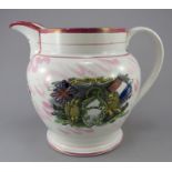 A mid-nineteenth century transfer-printed Sunderland lustre jug, c.1853. It is decorated in enamel