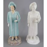 Two Albany Fine China Co. models of the Queen Mother. One naturalistically decorated, the second