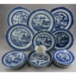 A group of nineteenth century hand-painted blue and white Chinese plates, c. 1820-50. They are