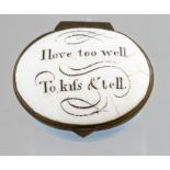 A Bilston oval enamel patch box, circa 1780, motto to cover I Love too Well, To Kiss & Tell, width