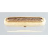 A George III ivory toothpick case, circa 1810, the hinged cover inset with a plaited lock of hair