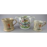 A nineteenth century transfer-printed loving cup decorated with the Farmers' Arms and two mould mugs