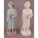 Two Albany Fine China Co. models of the Queen Mother. One naturalistically decorated, the second