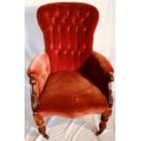 A William IV Rosewood drawing room armchair, circa 1830, button back velvet seat, scrolling arms