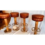 A set of four Art Deco Queen Mary bar stools, circa 1934, leather seat, sphere wooden column, nickel