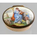 A Bilston enamel oval patch box, circa 1780, the cover with an image of Britannia, width 4cm